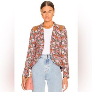 Smythe Rifle Patch One Button Blazer Navy Liberty Floral with Vachetta Leather